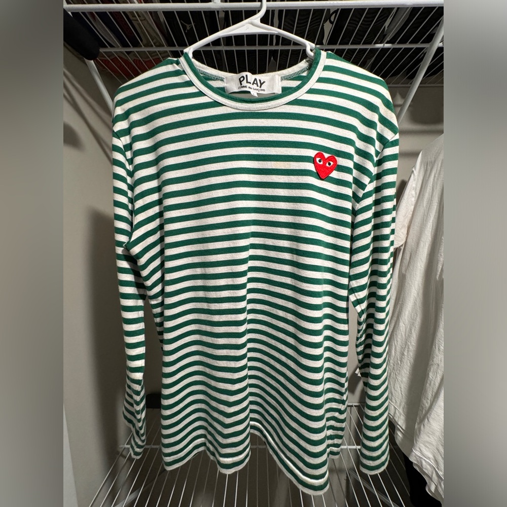 Comme des Garcons PLAY Green and White Striped Long Sleeve Tee
